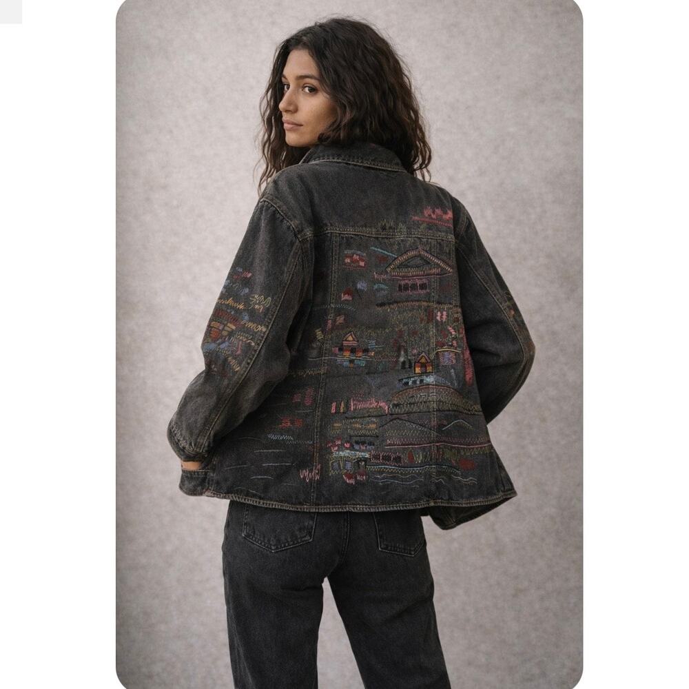 Chico’s Oversized Embroidered Black Denim Jean Jacket - Picture 3 of 12